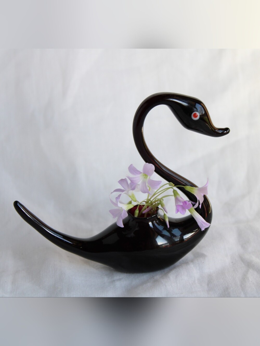 Unique Hand-blown Black Glass Swan Bud Vase with Red Accent Eye